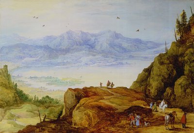Paisaje montañoso extenso con un lago de J. and Momper, J. de Brueghel